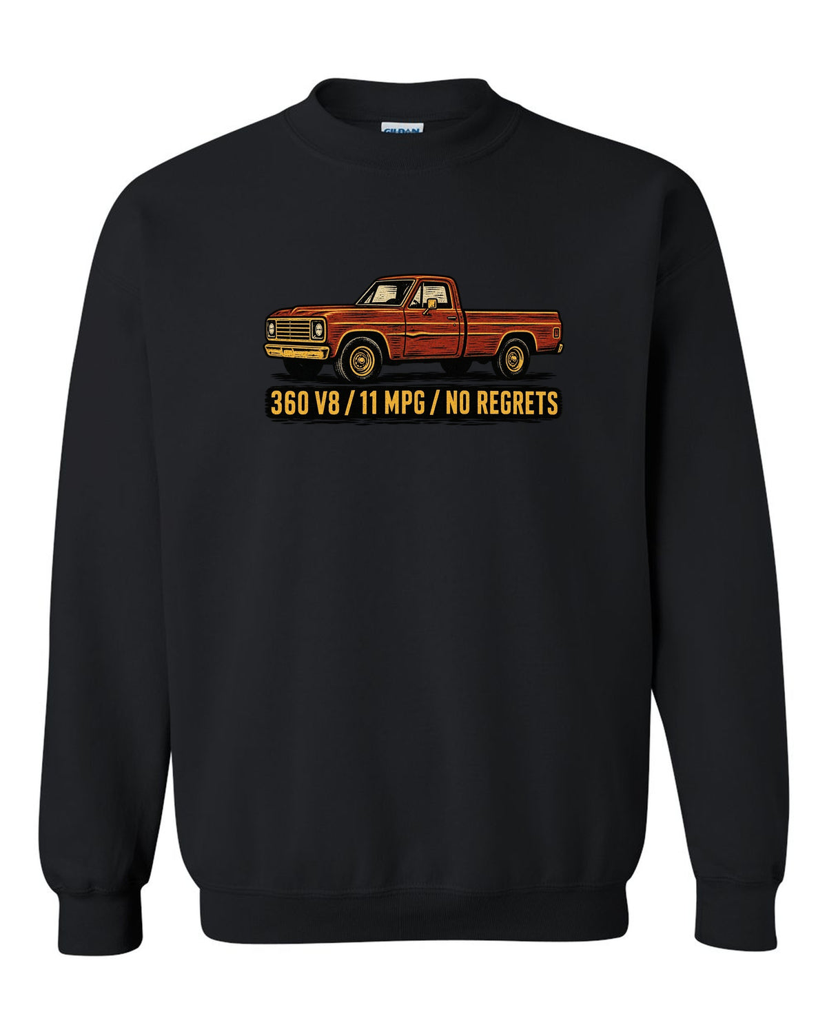 Dent-Side Ford F-150 1973-79 Crease Linocut black crewneck front view with the design