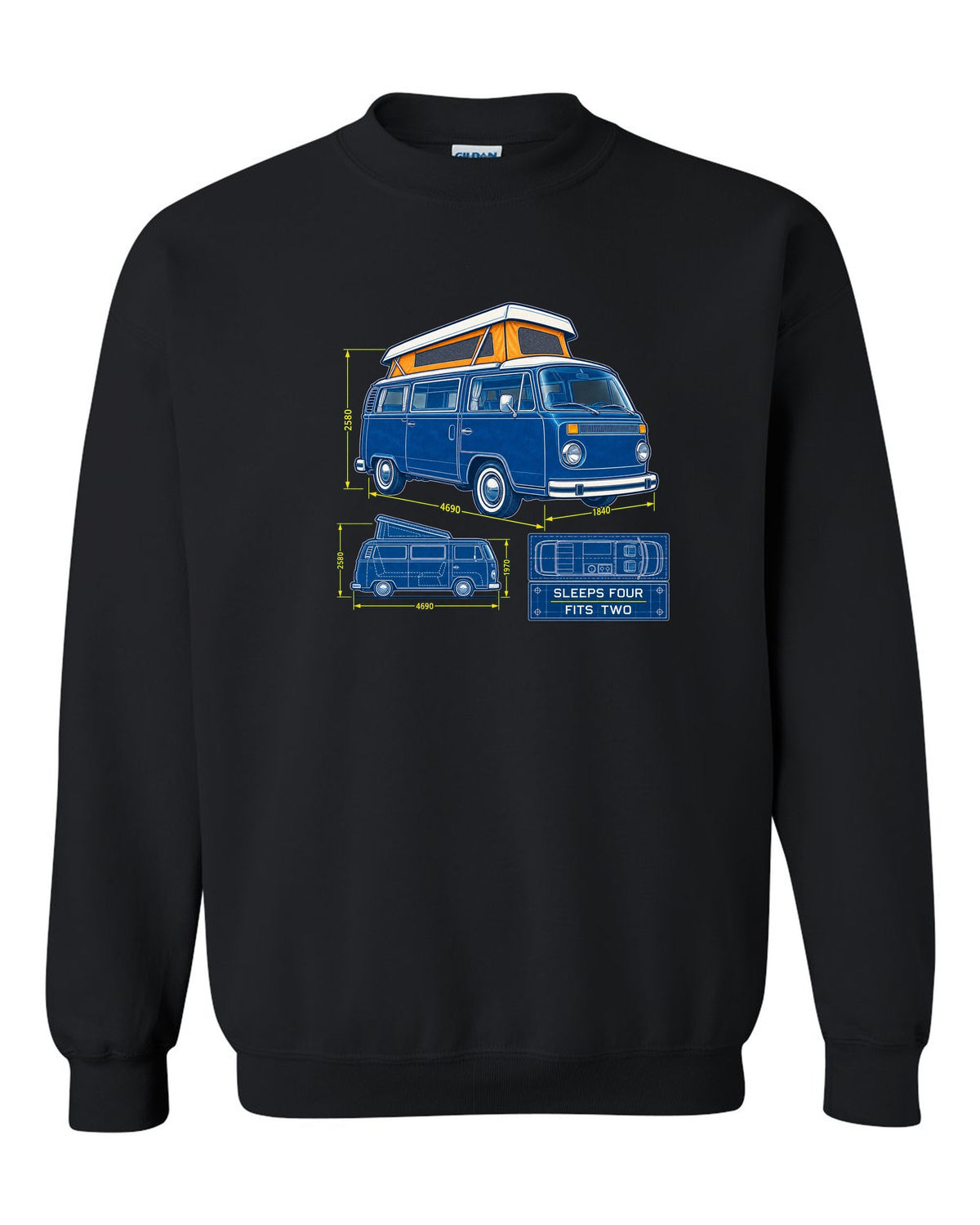 Cyanotype negative blueprint of a VW Bay Window T2 camper with sleeps four fits two text black crewneck front view with the design