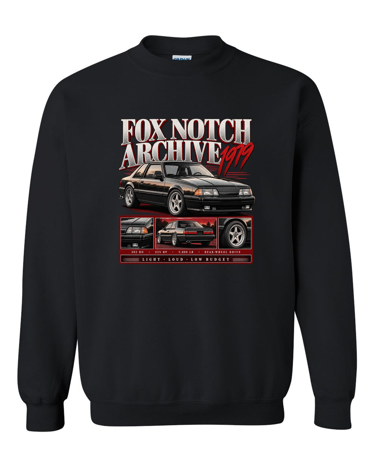 Archive panel print of a Ford Mustang Fox Body notchback coupe with spec lines black crewneck front view with the design