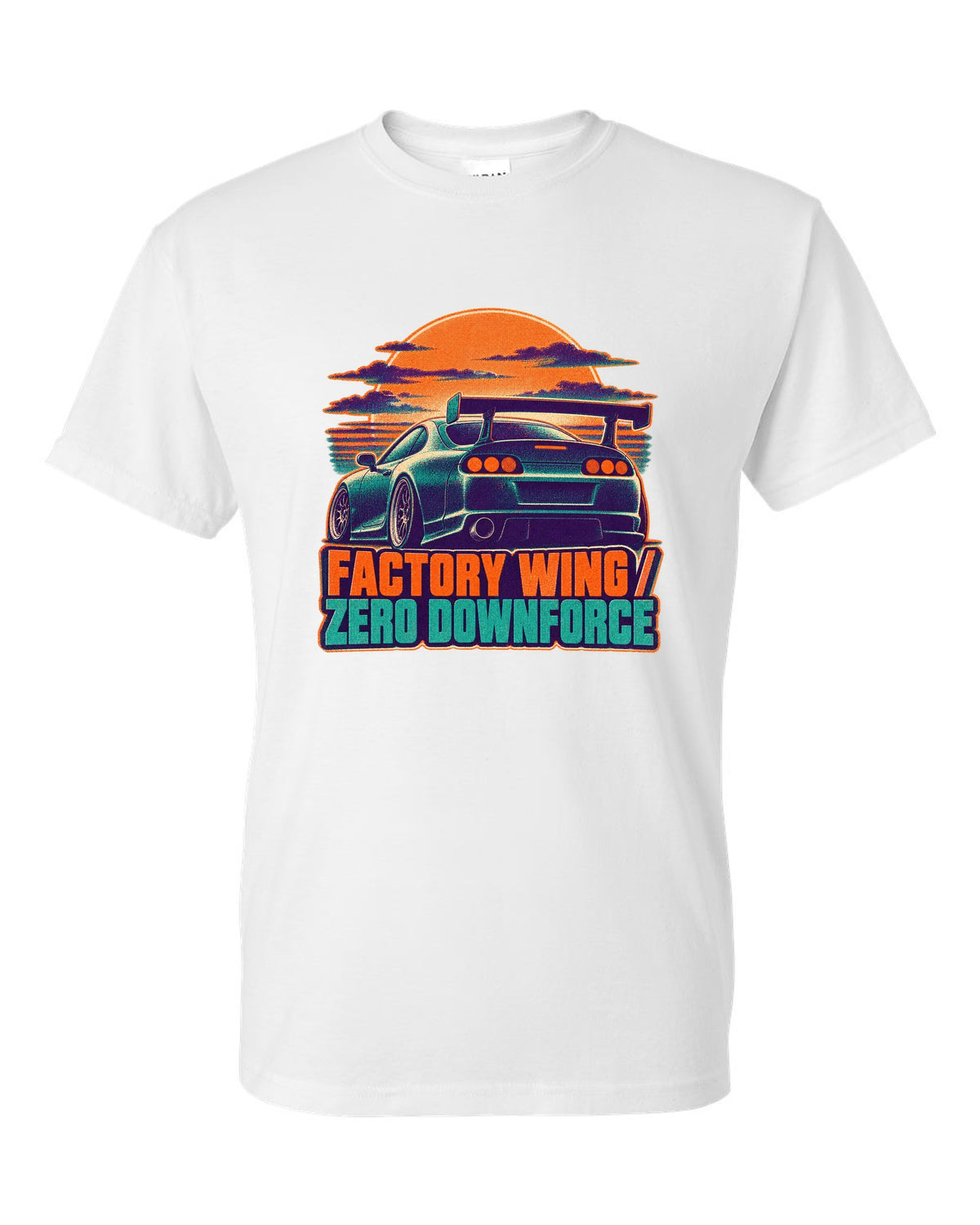 Risograph two-colour dusk print of a Toyota Supra A80 JZA80 with factory wing zero downforce text white t-shirt front view with the design