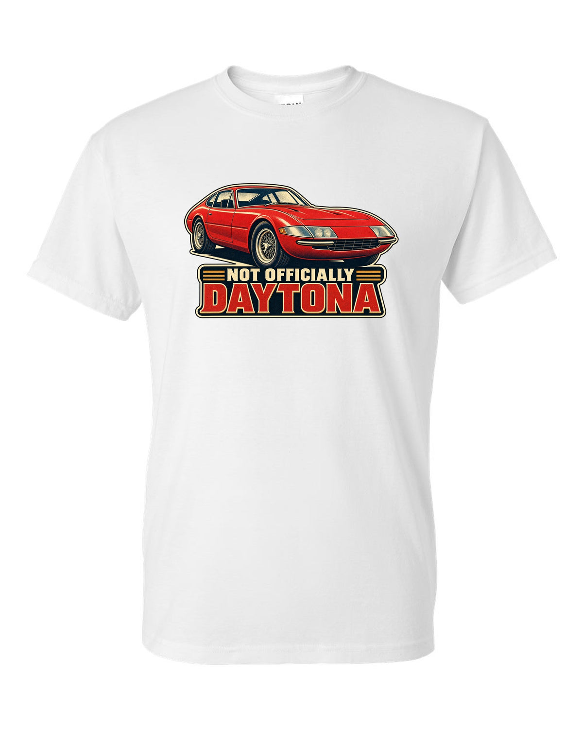 1960s race poster lithograph of the Ferrari 365 GTB/4 Daytona nose white t-shirt front view with the design