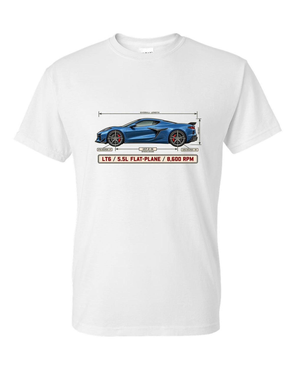 Dimension blueprint print of a Chevrolet Corvette C8 Z06 with LT6 5.5L flat-plane text white t-shirt front view with the design