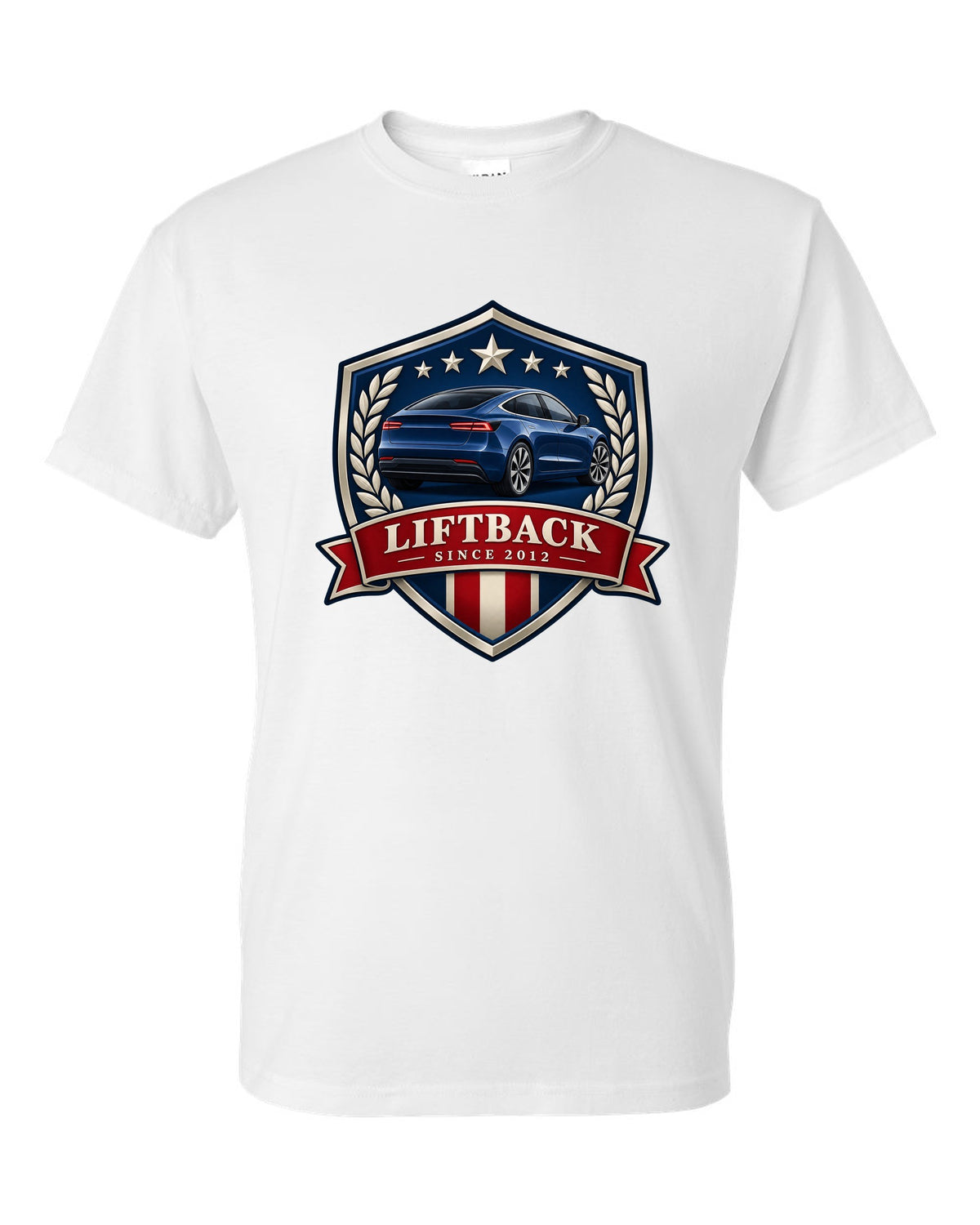 Original shield crest design of a 2021 Tesla Model S Plaid with the words Liftback Since 2012 white t-shirt front view with the design