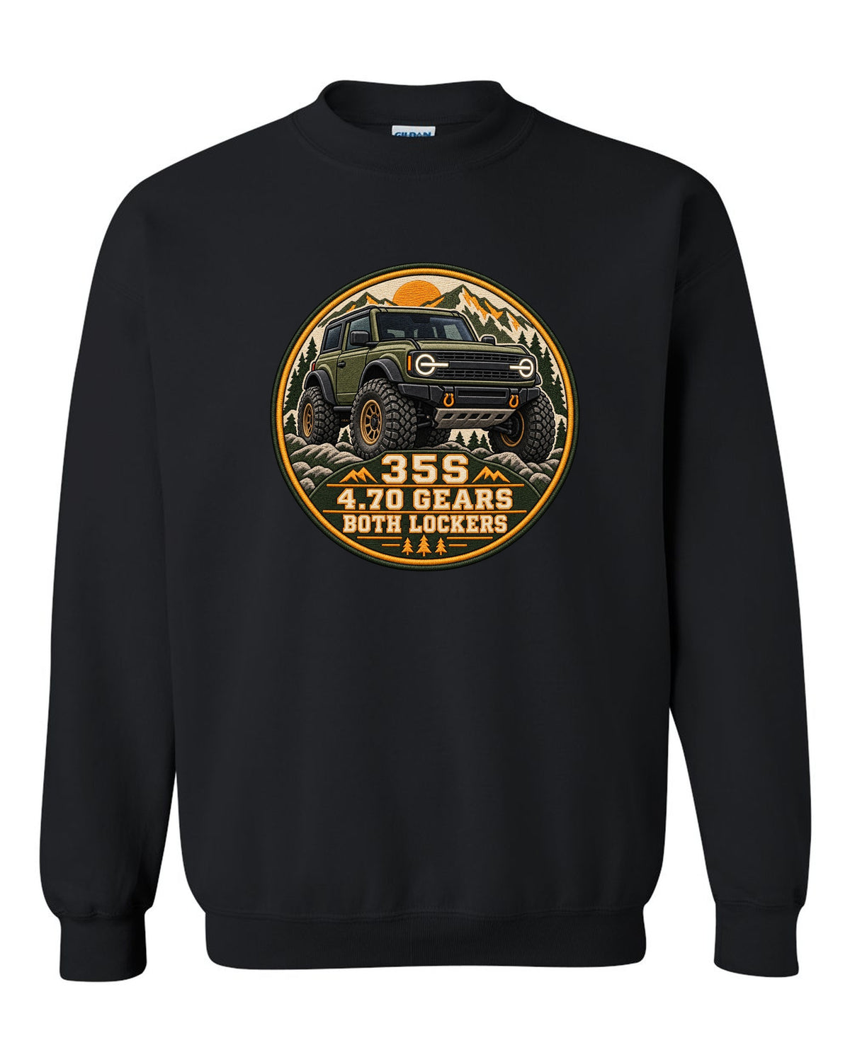 Round seal print for a 2021 Ford Bronco 6G Sasquatch package with 35s and lockers text black crewneck front view with the design