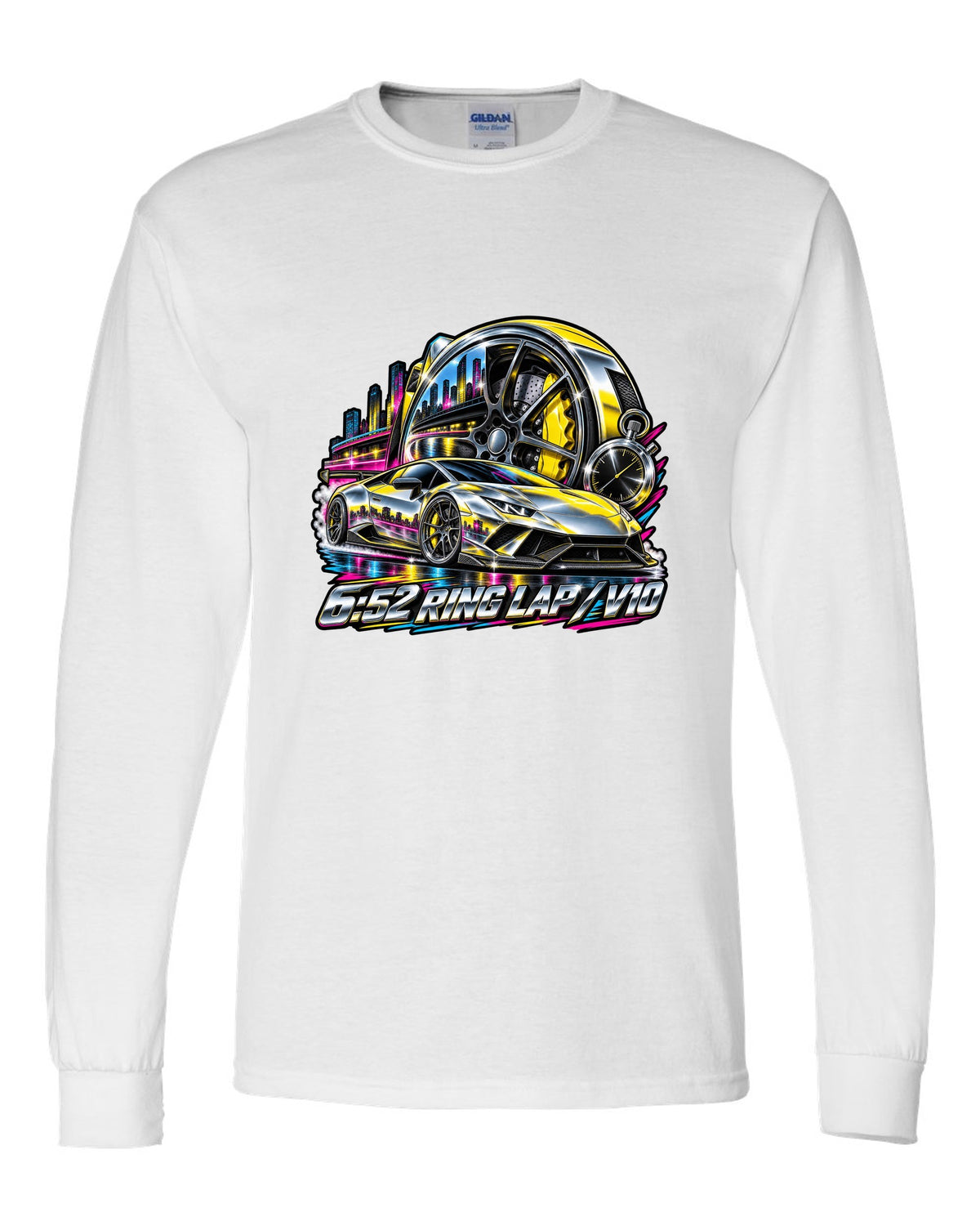 80s airbrush chrome Lamborghini Huracan Performante LP640-4 wheel and caliper with text 6:52 RING LAP / V10 white long sleeve front view with the design