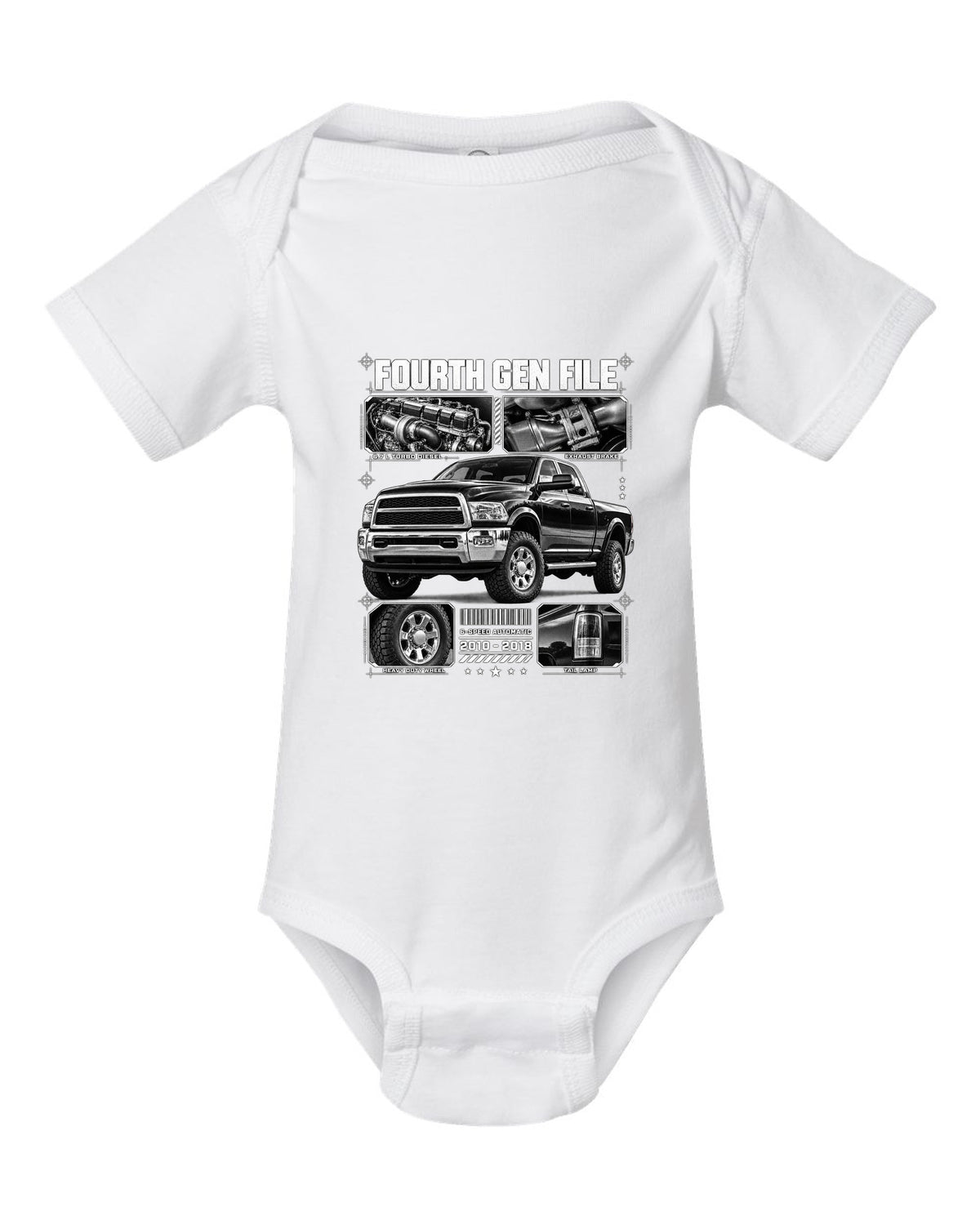 Blueprint dossier print of a 2010-2018 Ram 2500 fourth generation turbo diesel pickup white baby onesie front view with the design