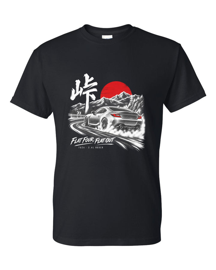 Toyota GR86 ZN8 on a night mountain pass with touge kanji and FA24 boxer text black t-shirt front view with the design