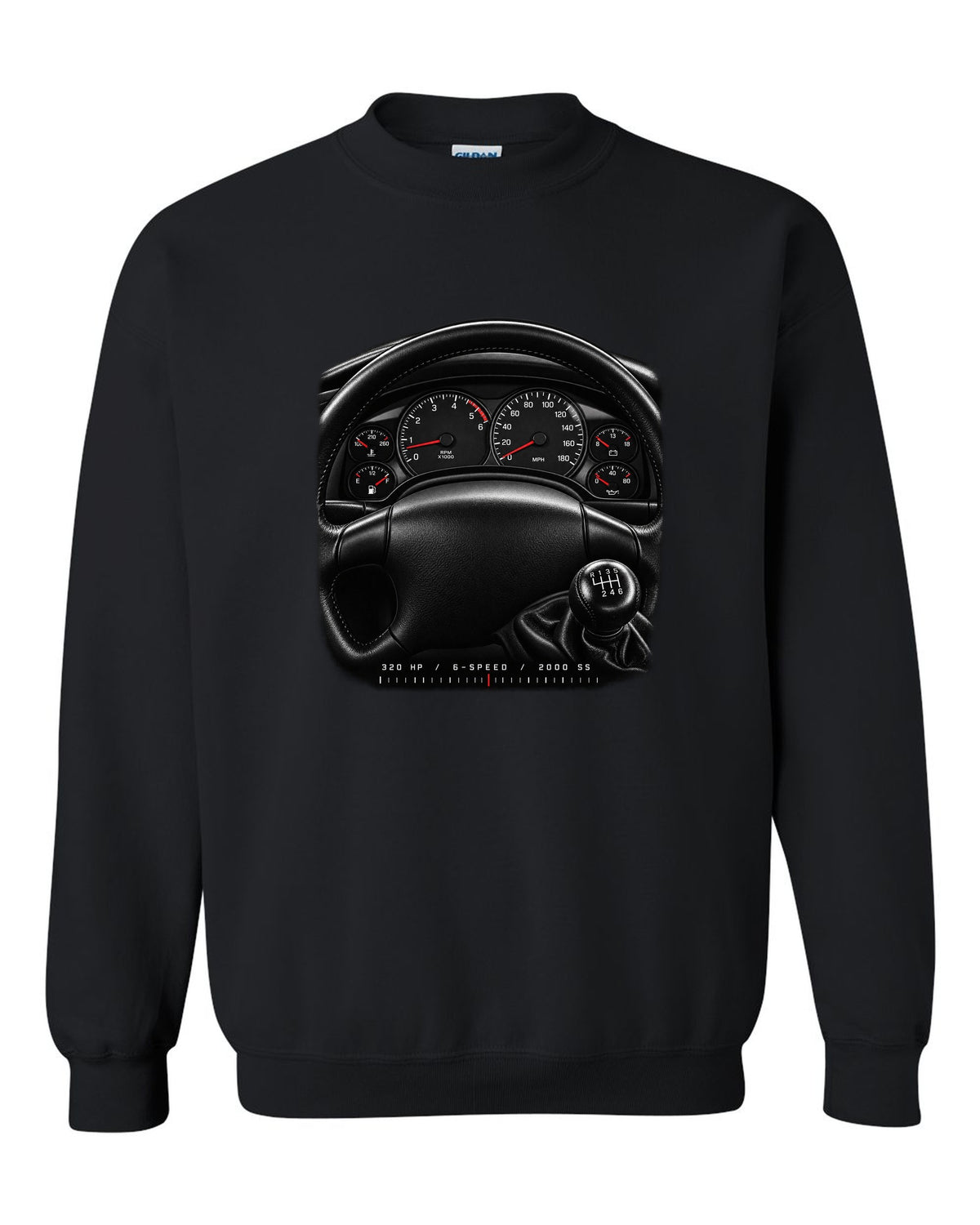 Gauge cluster print of a 2000 fourth-gen Chevrolet Camaro SS with 320 hp and 6-speed text black crewneck front view with the design