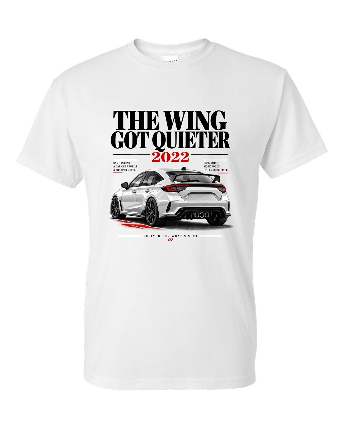 Honda Civic FL5 chback editorial headline design about the quieter rear wing white t-shirt front view with the design