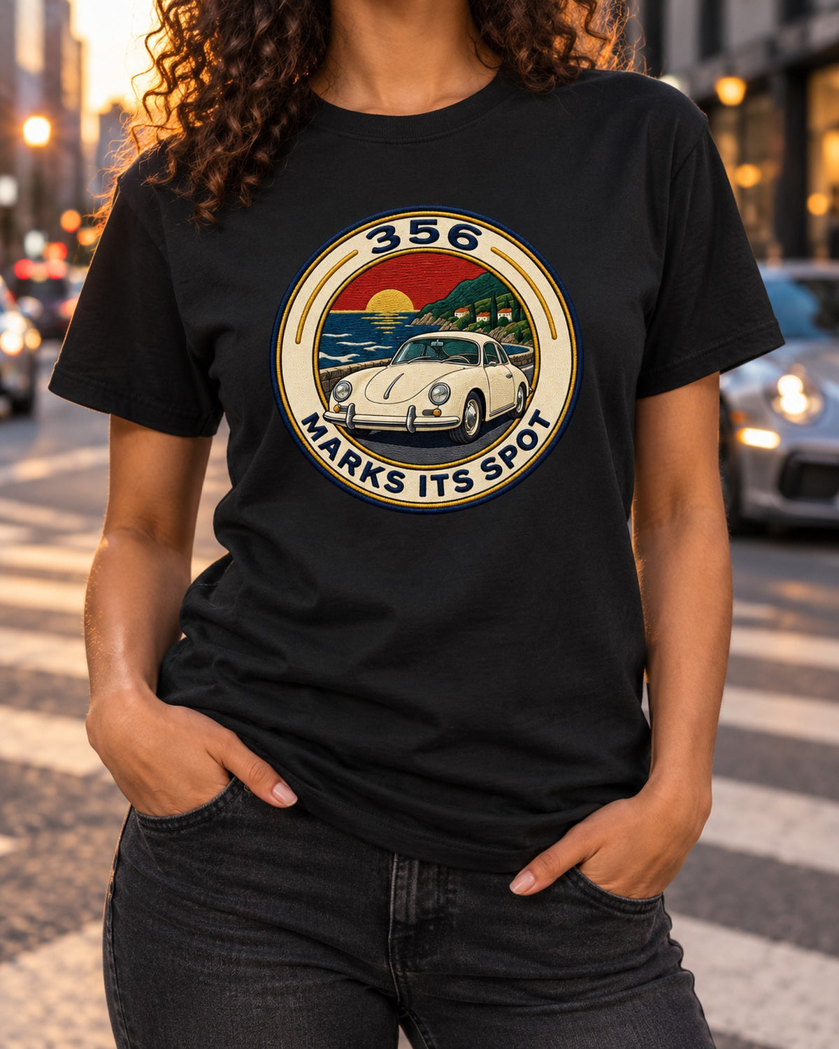 Porsche 356 A Bathtub Varsity Crest Embroidery-Style Tee T-Shirt Black worn hero