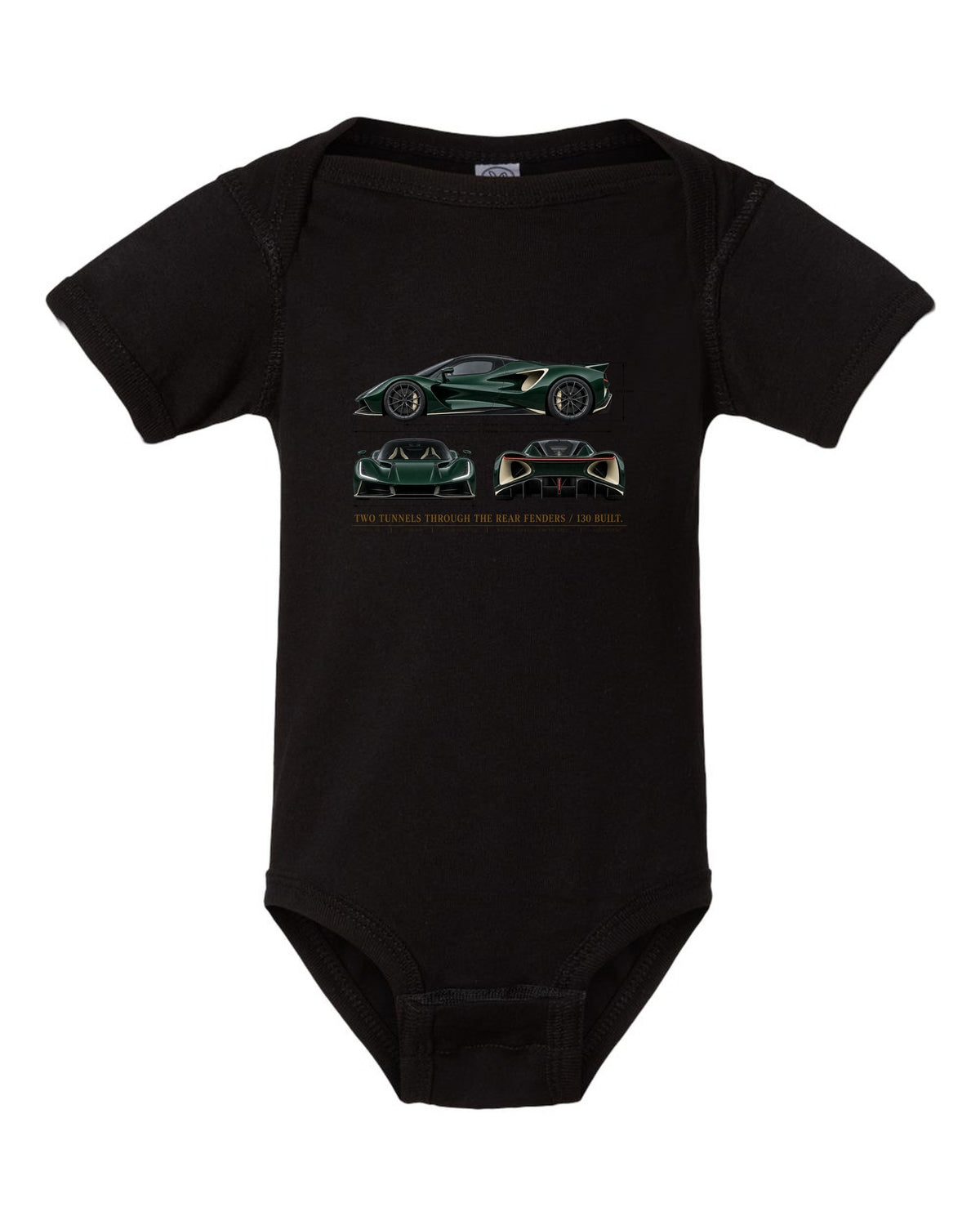 Lotus Evija three-view spec sheet print with two tunnels through the rear fenders and 130 built text black baby onesie front view with the design