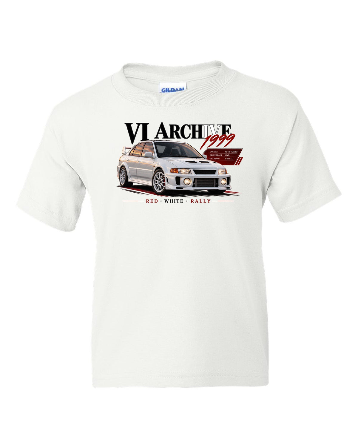 Archive panel print for the Mitsubishi Lancer Evolution VI CP9A listing 4G63 turbo, AWD, 5-speed, red white rally white kids tee front view with the design