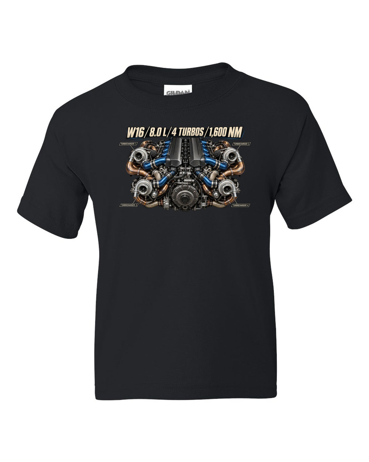 Bugatti W16 8.0 litre quad-turbo engine poster print black kids tee front view with the design