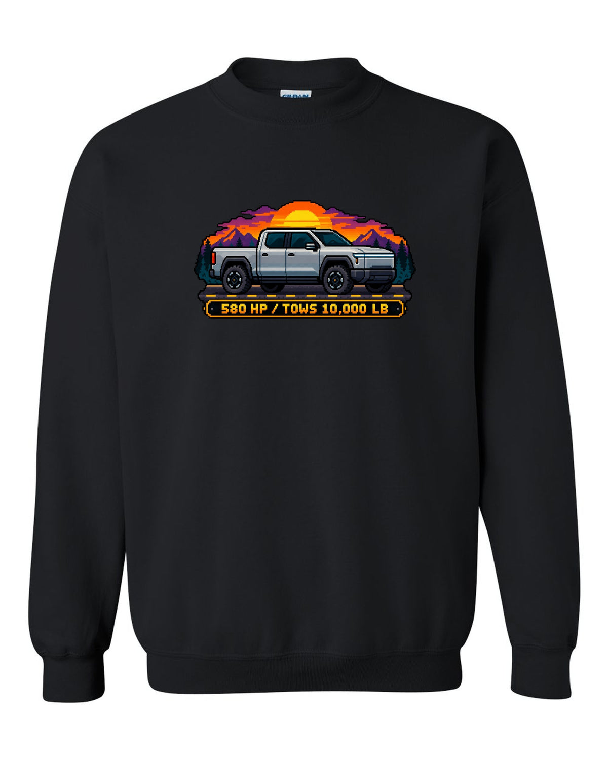Ford F-150 Lightning 16-bit pixel art print with 580 HP and 10,000 lb towing text black crewneck front view with the design