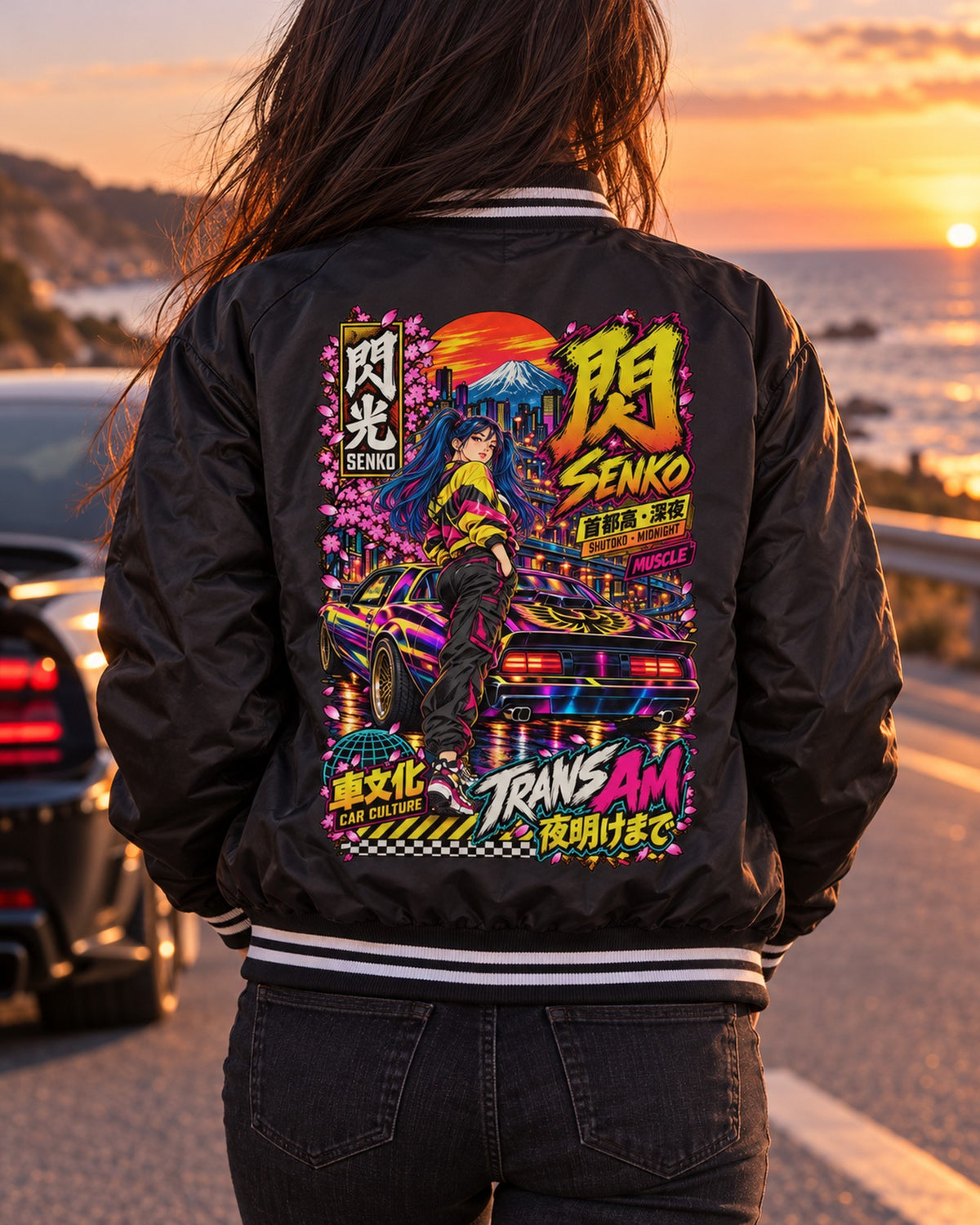 SENKO TRANS AM Anime Girl Full-Back Graphic Tee Bomber Jacket Black worn hero