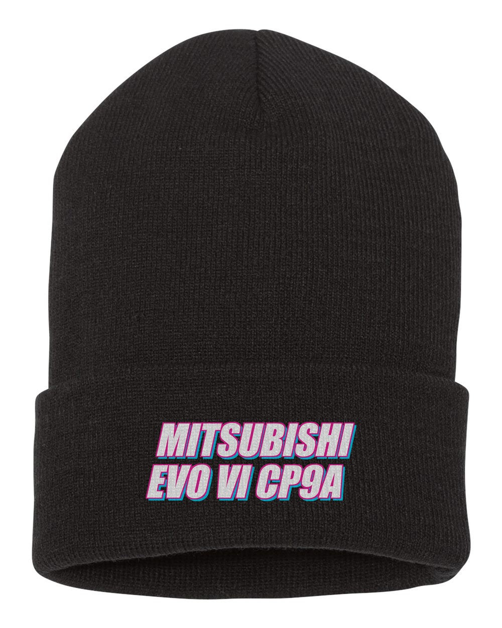 Mitsubishi Evo Vi Cp9A black beanie front view with car name