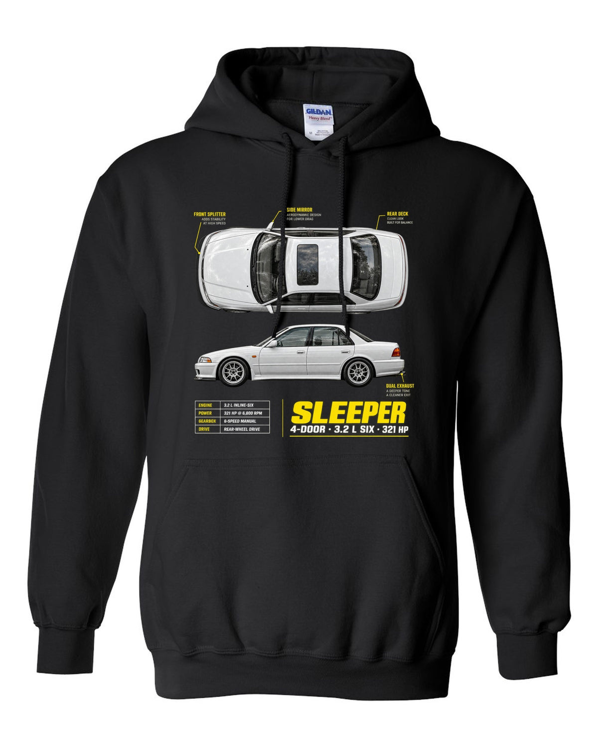 BMW E36 M3 sedan spec poster print with sleeper 4-door 3.2 L six and 321 HP text black pull over hoodie front view with the design