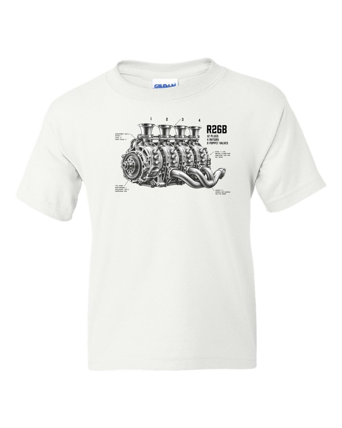 Mazda 787B R26B four-rotor engine illustration with 12 plugs and 4 rotors text white kids tee front view with the design