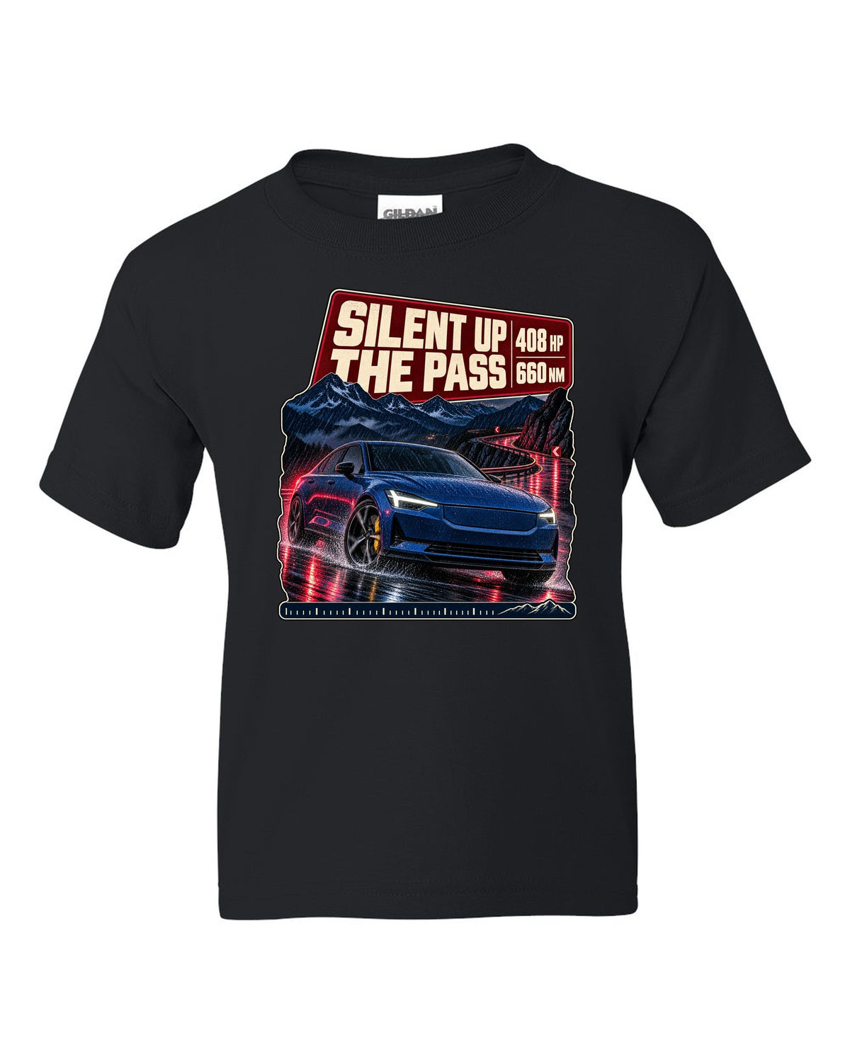 Polestar 2 Launch Edition driving a mountain pass at night, print design black kids tee front view with the design