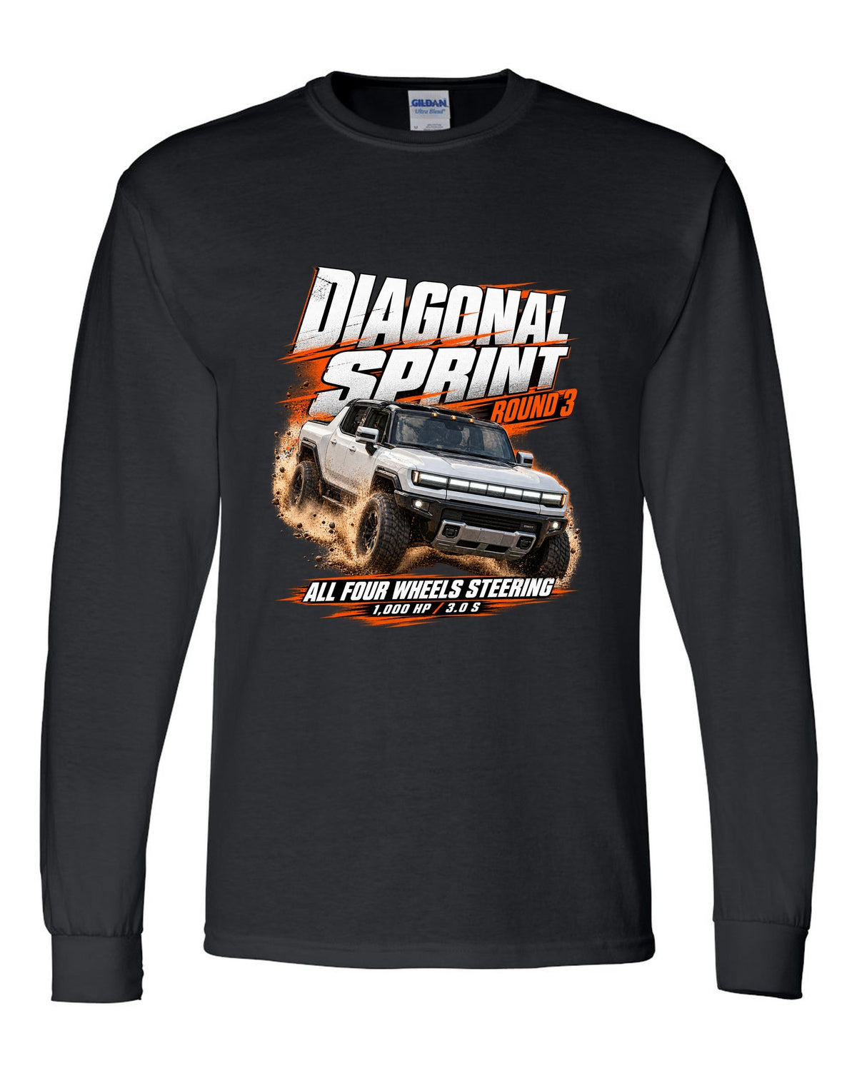 Race poster print of a 2022 GMC Hummer EV pickup EV3X with diagonal sprint text black long sleeve front view with the design