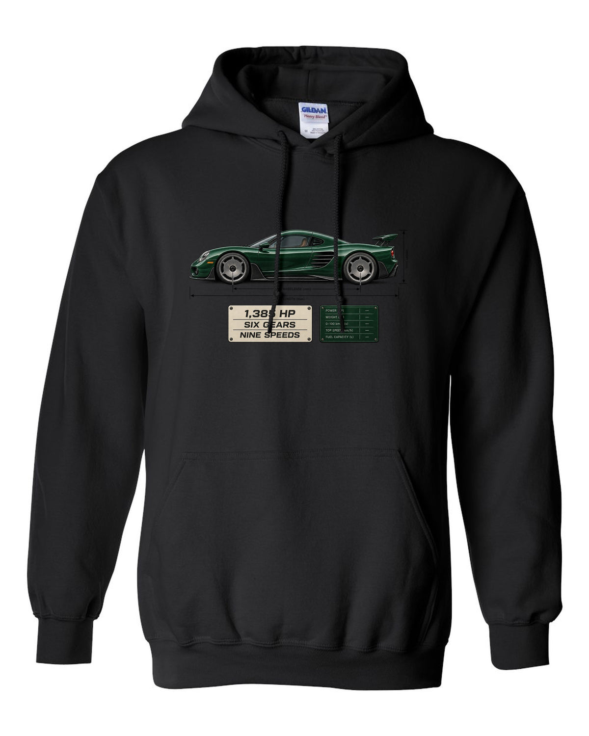 Blueprint print of the Koenigsegg CC850 with the text 1,385 hp, six gears, nine speeds black pull over hoodie front view with the design