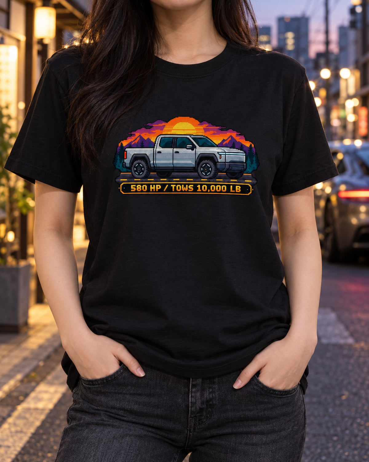 Ford F-150 Lightning 16-Bit Pixel Pickup Tee, EV Truck Shirt T-Shirt Black worn hero