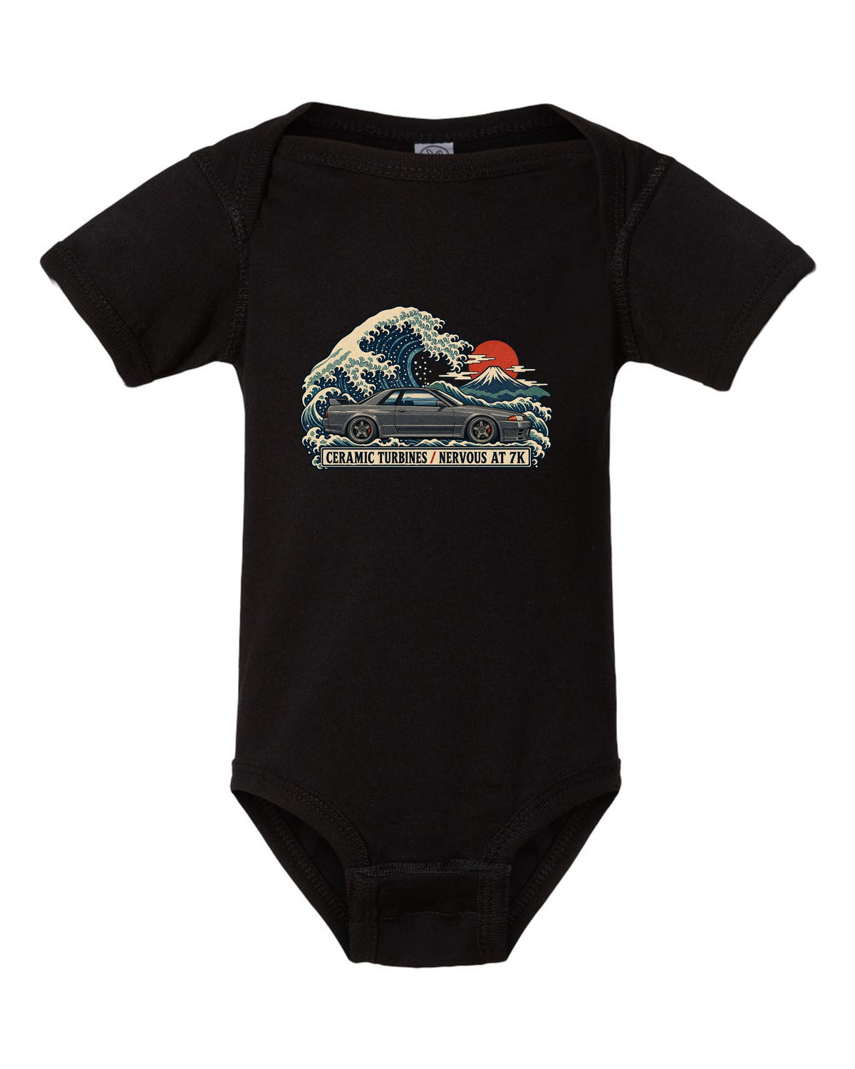 Ukiyo-e woodblock print of a gun grey Nissan Skyline GT-R R32 BNR32 on a wave black baby onesie front view with the design