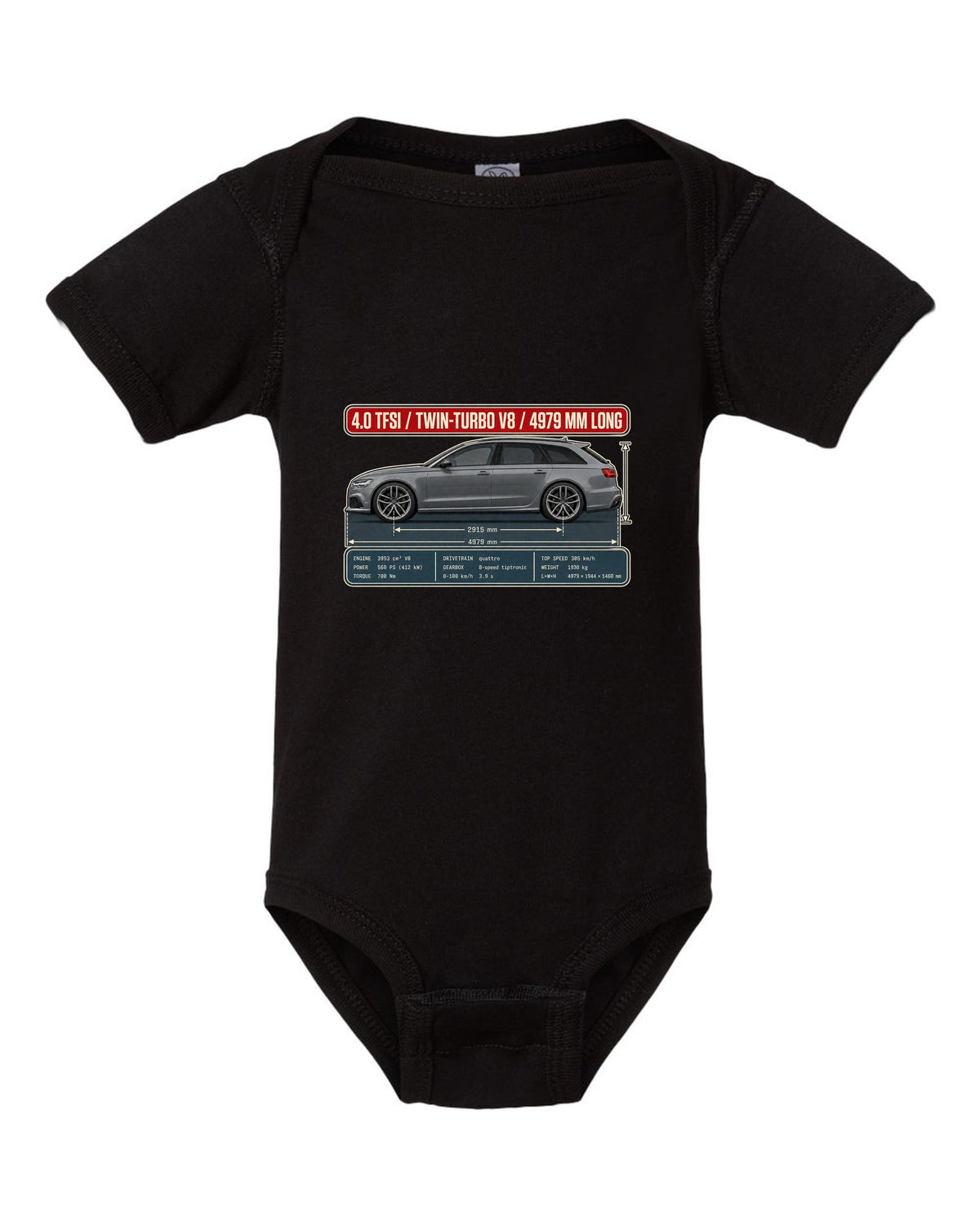 Audi RS6 Avant C7 Daytona grey dimension blueprint print black baby onesie front view with the design