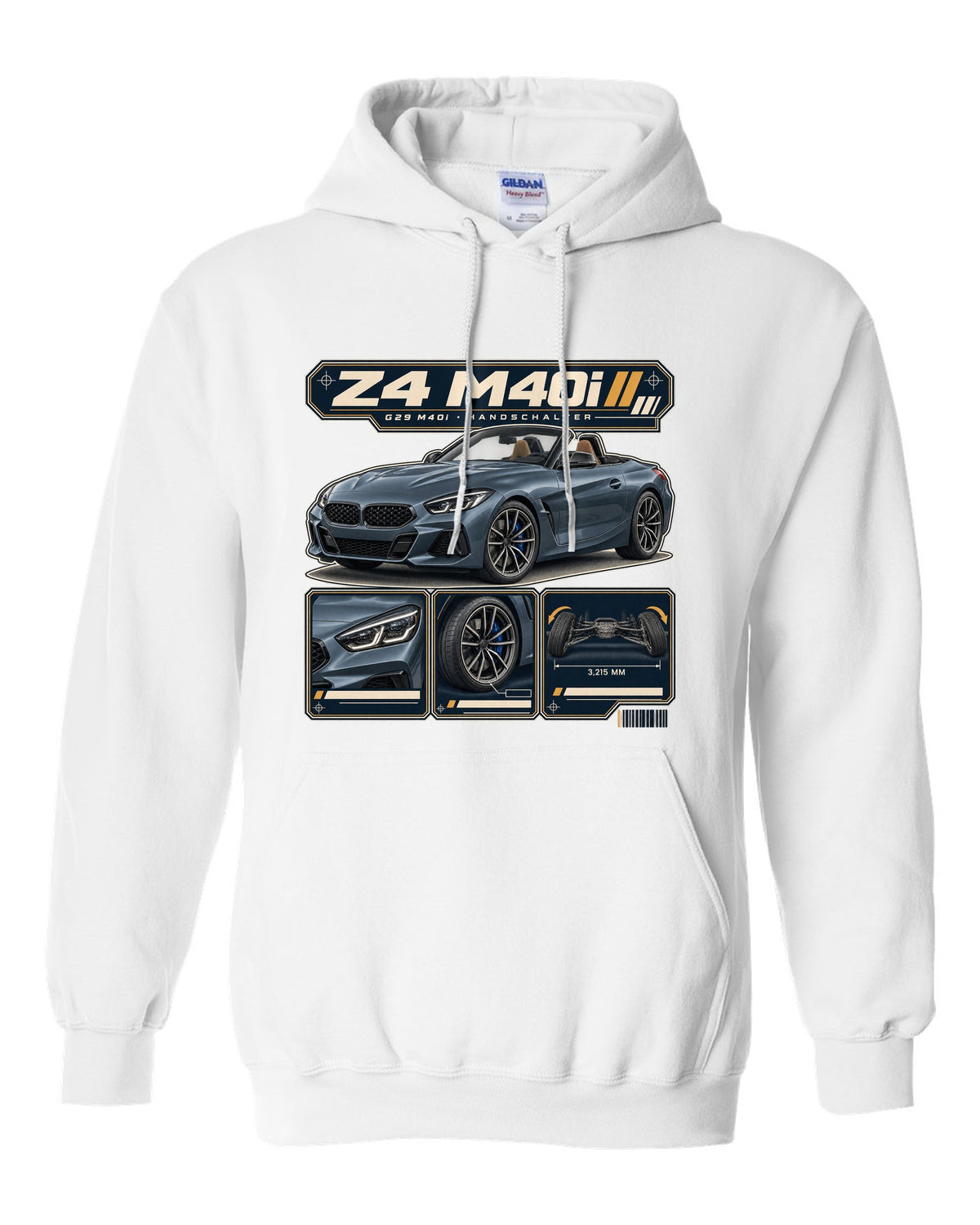 Dossier panel print of the BMW i7 M70 G70 noting rear wheel steering white pull over hoodie front view with the design