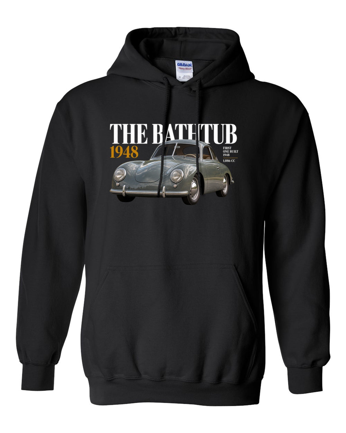Editorial headline print of the 1948 Porsche 356 Pre-A coupe nicknamed the Bathtub black pull over hoodie front view with the design