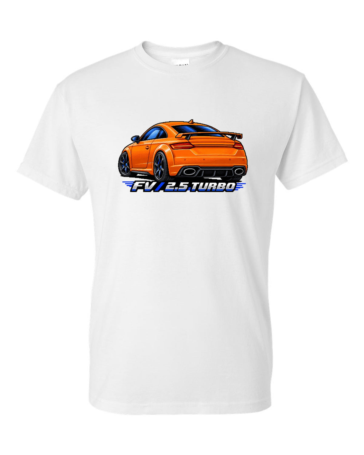 Pixel art print of an Audi TT RS FV with a rear wing and 2.5 turbo text white t-shirt front view with the design