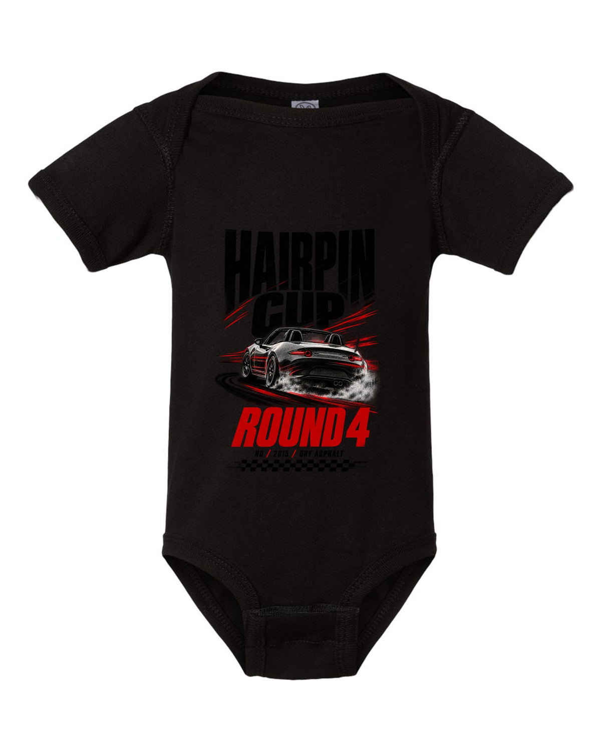 Race poster print of a Mazda MX-5 ND for the Hairpin Cup round 4 black baby onesie front view with the design