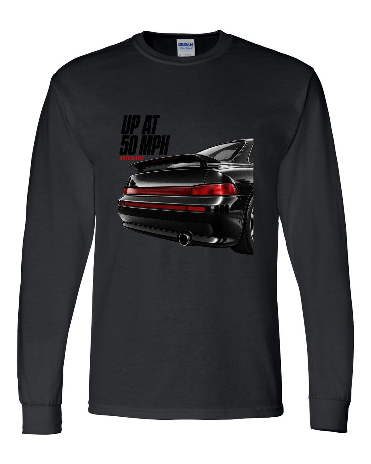 Detail macro print of the Porsche 911 Carrera 2 (964) rear spoiler with the caption Up At 50 MPH black long sleeve front view with the design