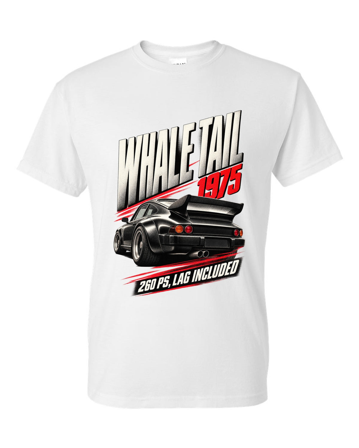Race poster print of the 1975 Porsche 911 Turbo 3.0 (930) with whale tail and 260 PS text white t-shirt front view with the design