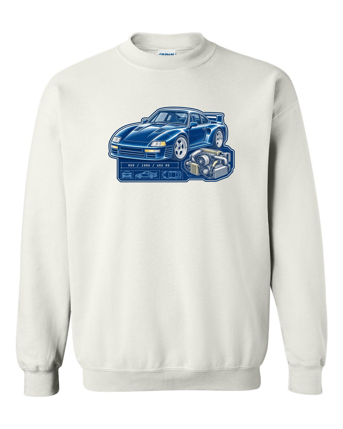Porsche 959 cyanotype blueprint design with 1986 and 450 PS lettering white crewneck front view with the design