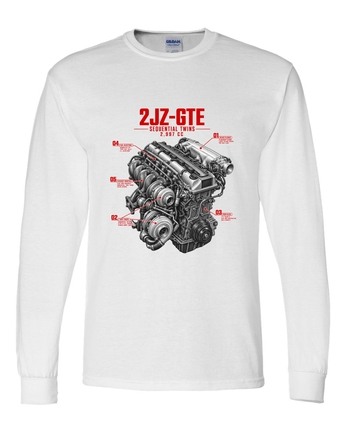 print of a Toyota Supra A80 2JZ-GTE engine with callouts for sequential twins and 2,997 cc white long sleeve front view with the design