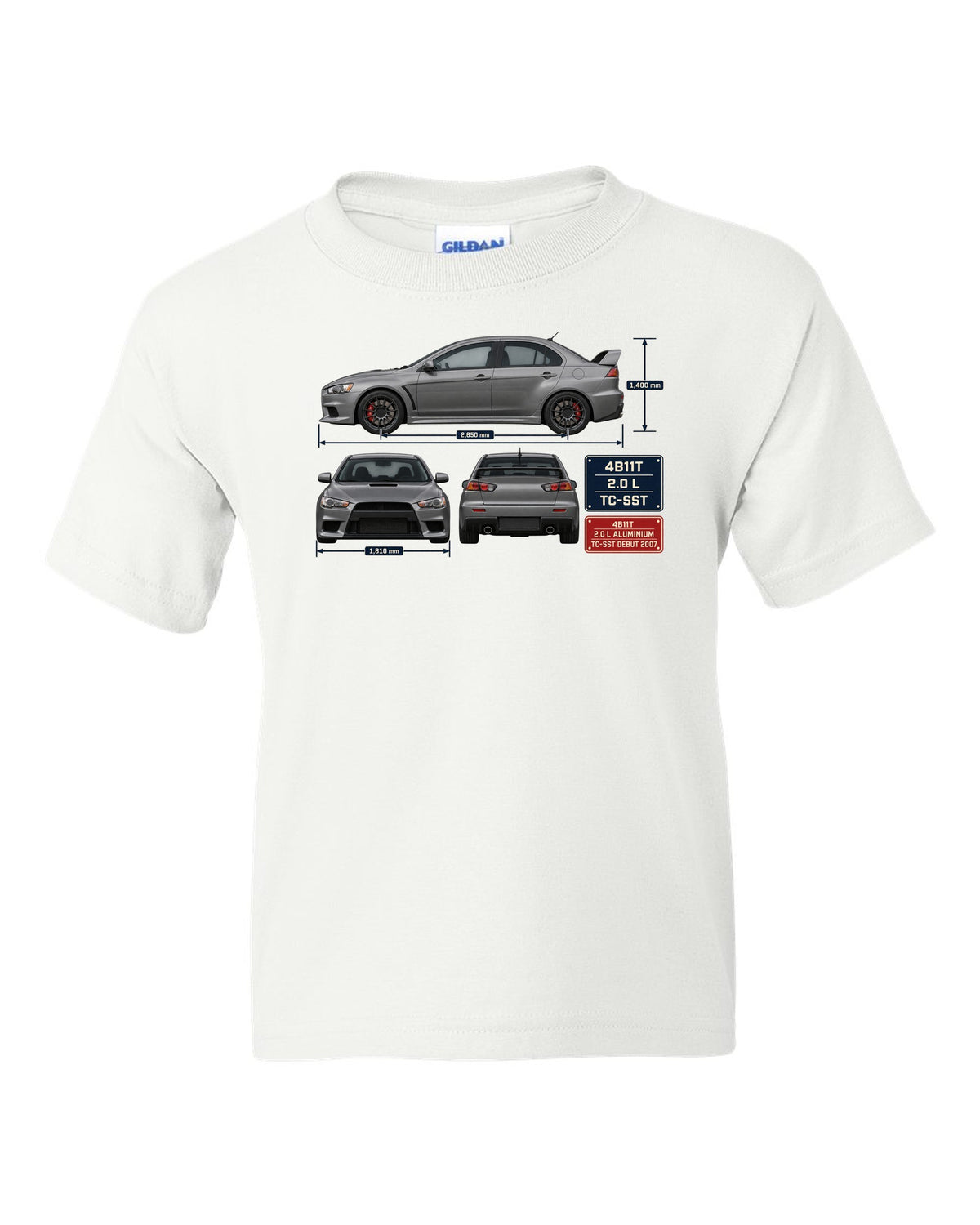 Evo X GSR Three-View Spec Table Tee, Mitsubishi Lancer white kids tee front view with the design