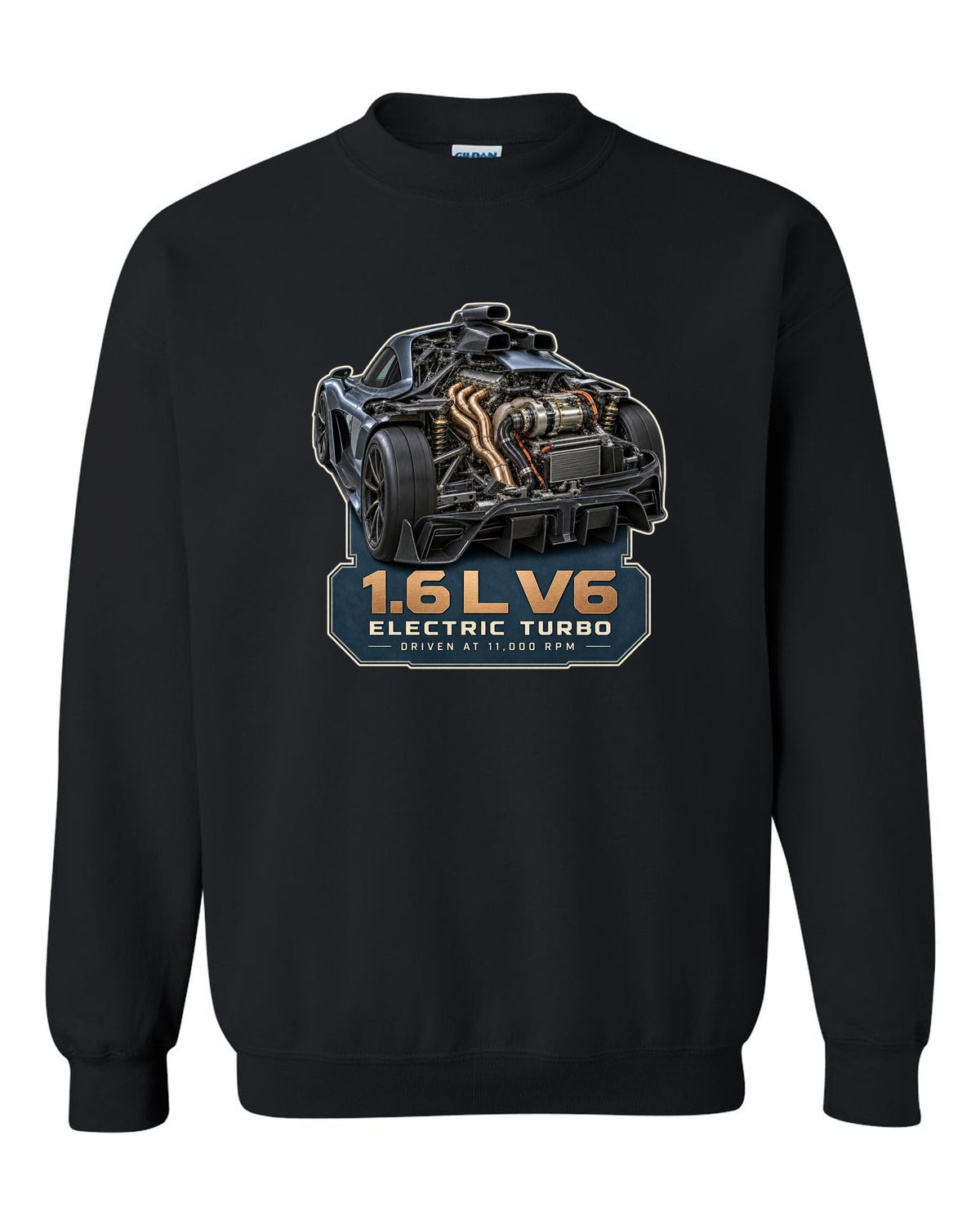 Mercedes-AMG One 1.6 L V6 hybrid power unit engine illustration black crewneck front view with the design