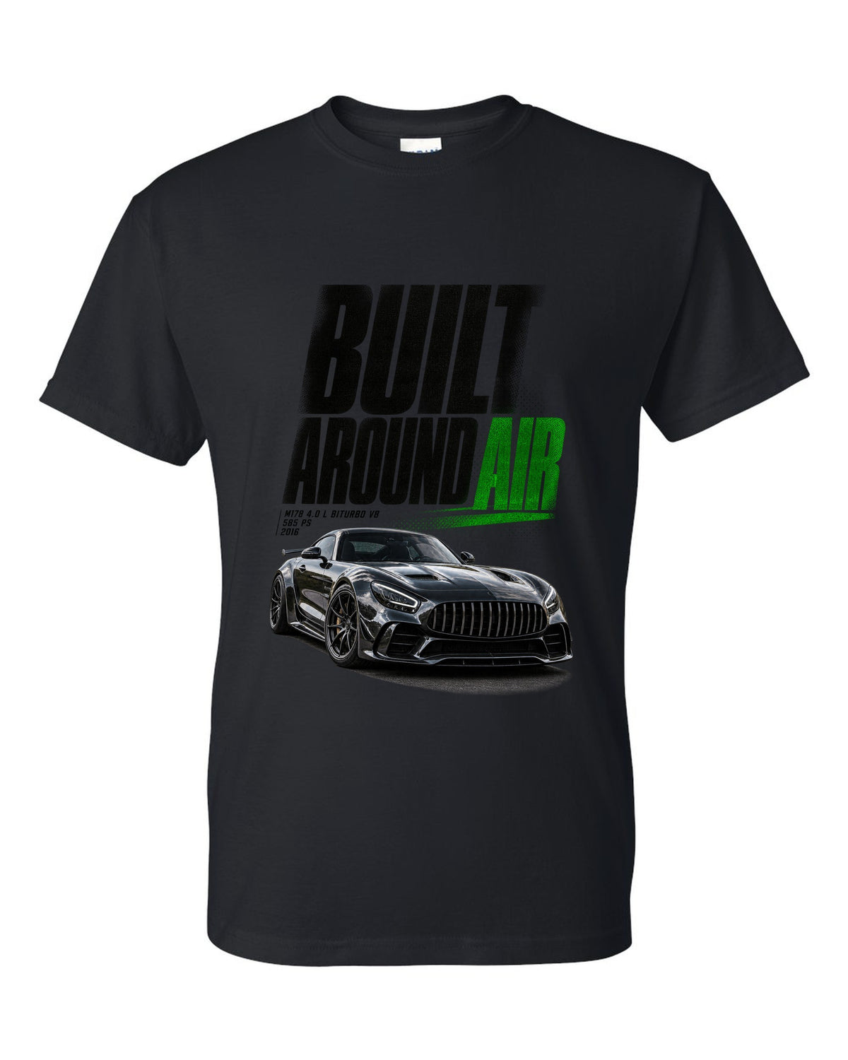 Halftone statement print of a Mercedes-AMG GT R C190 with Built Around Air lettering black t-shirt front view with the design