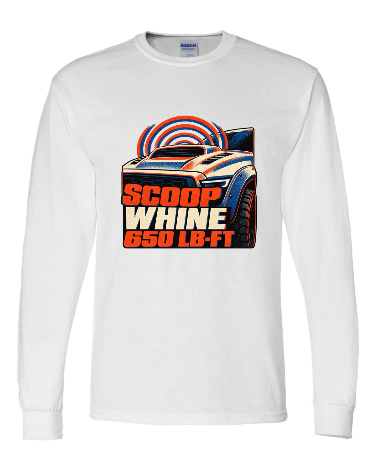 Risograph print of a 2021-2024 Ram 1500 TRX with scoop whine 650 lb-ft text white long sleeve front view with the design