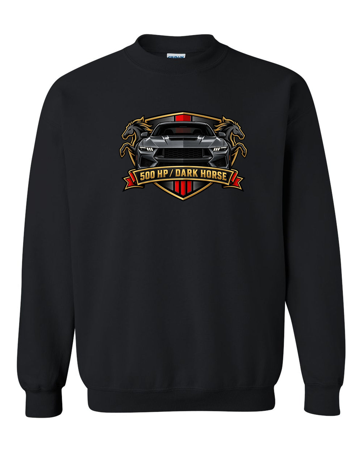 Varsity embroidery-style crest of a 2024 S650 Mustang Dark Horse reading 500 HP black crewneck front view with the design