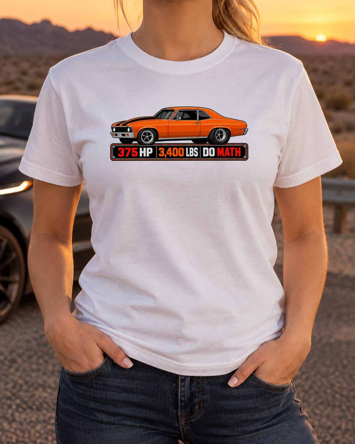 1970 Nova SS 396 Spec Sheet Shirt, 375 HP 3,400 LBS Tee T-Shirt White worn hero