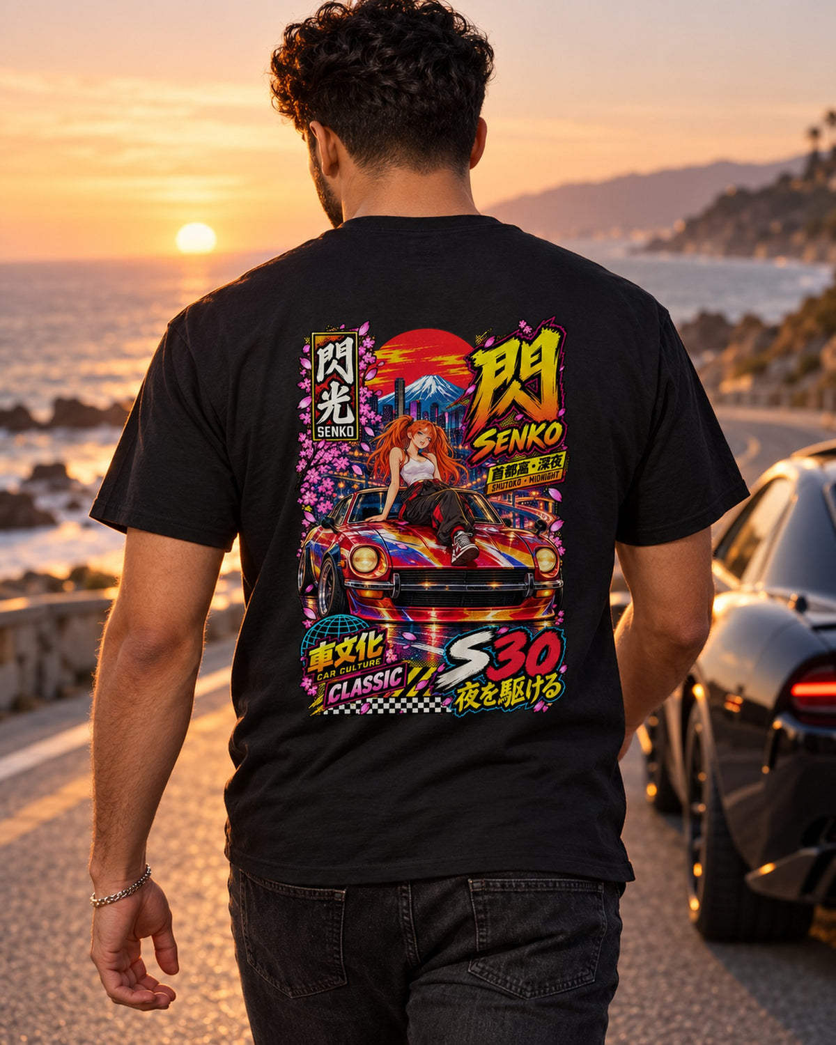 SENKO S30 Anime Girl Full-Back Graphic Tee T-Shirt Black worn hero