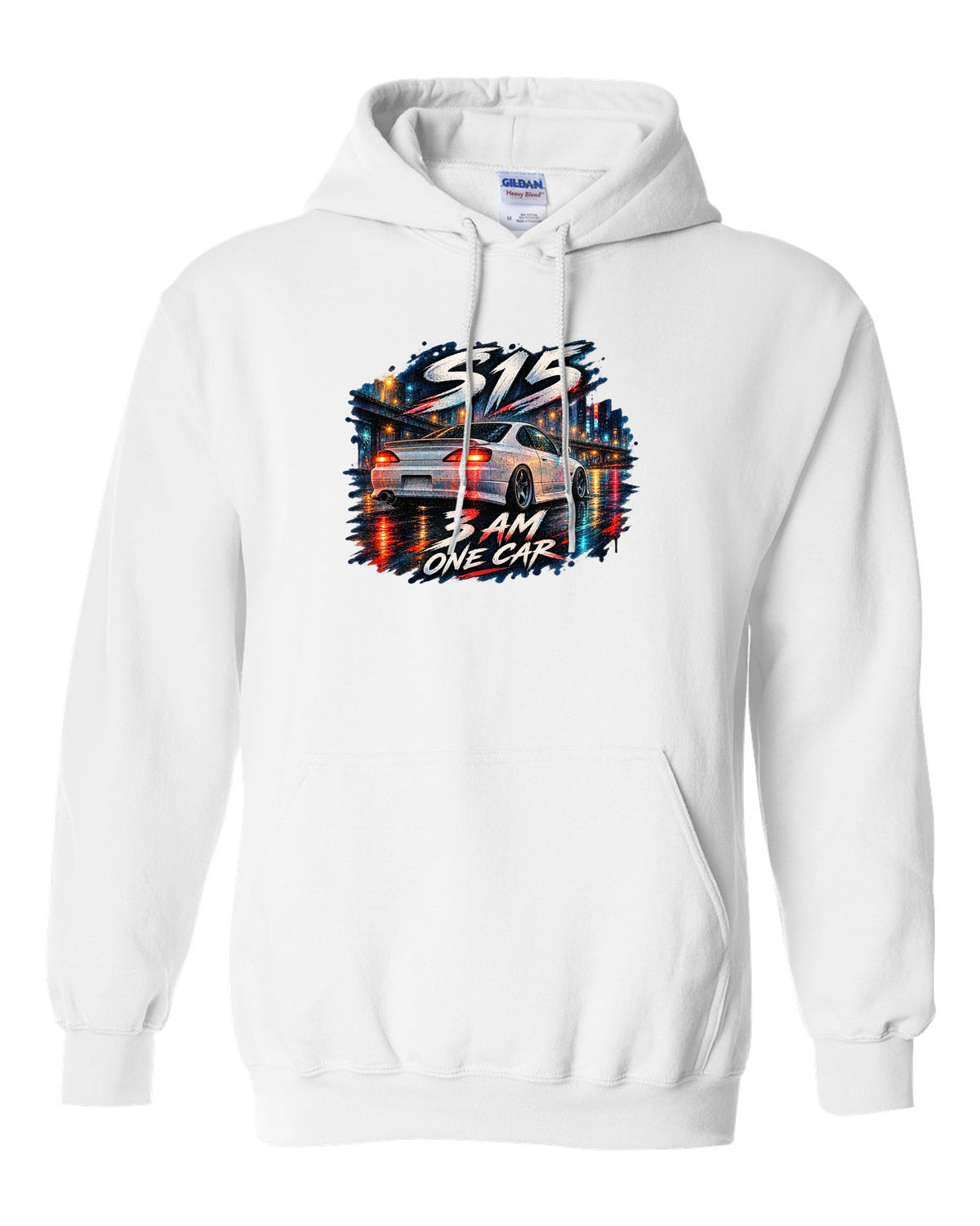 Watercolour wet-road night scene of a Nissan Silvia S15 at 3 AM white pull over hoodie front view with the design