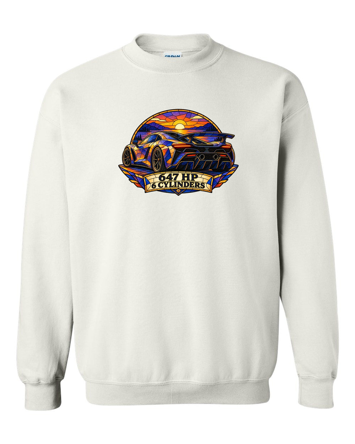 Ford GT 2017-2022 buttress profile in a stained-glass geometric print white crewneck front view with the design