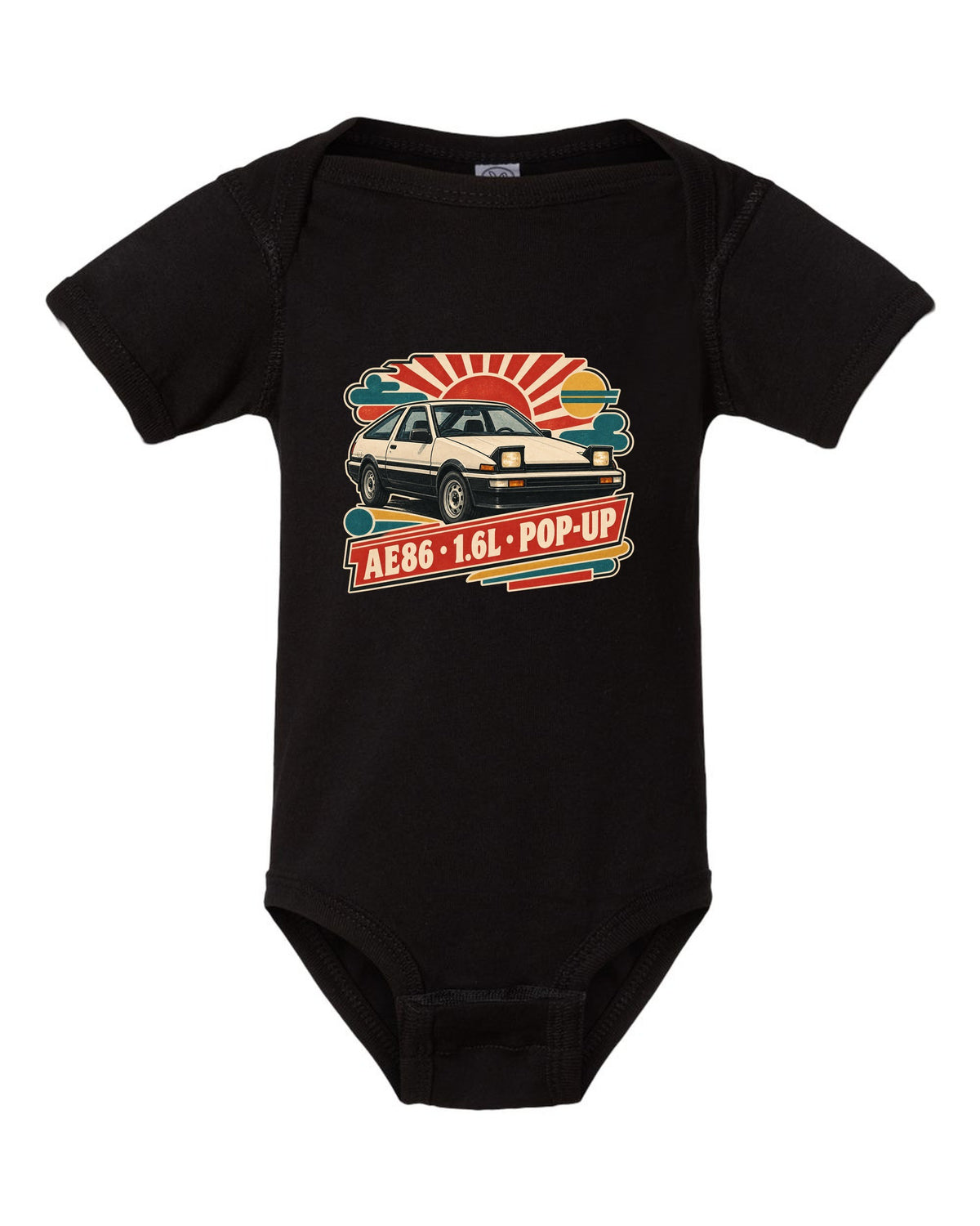Retro Japanese Showa catalogue ad style print of a 1985 Toyota Sprinter Trueno AE86 with pop-up lettering black baby onesie front view with the design