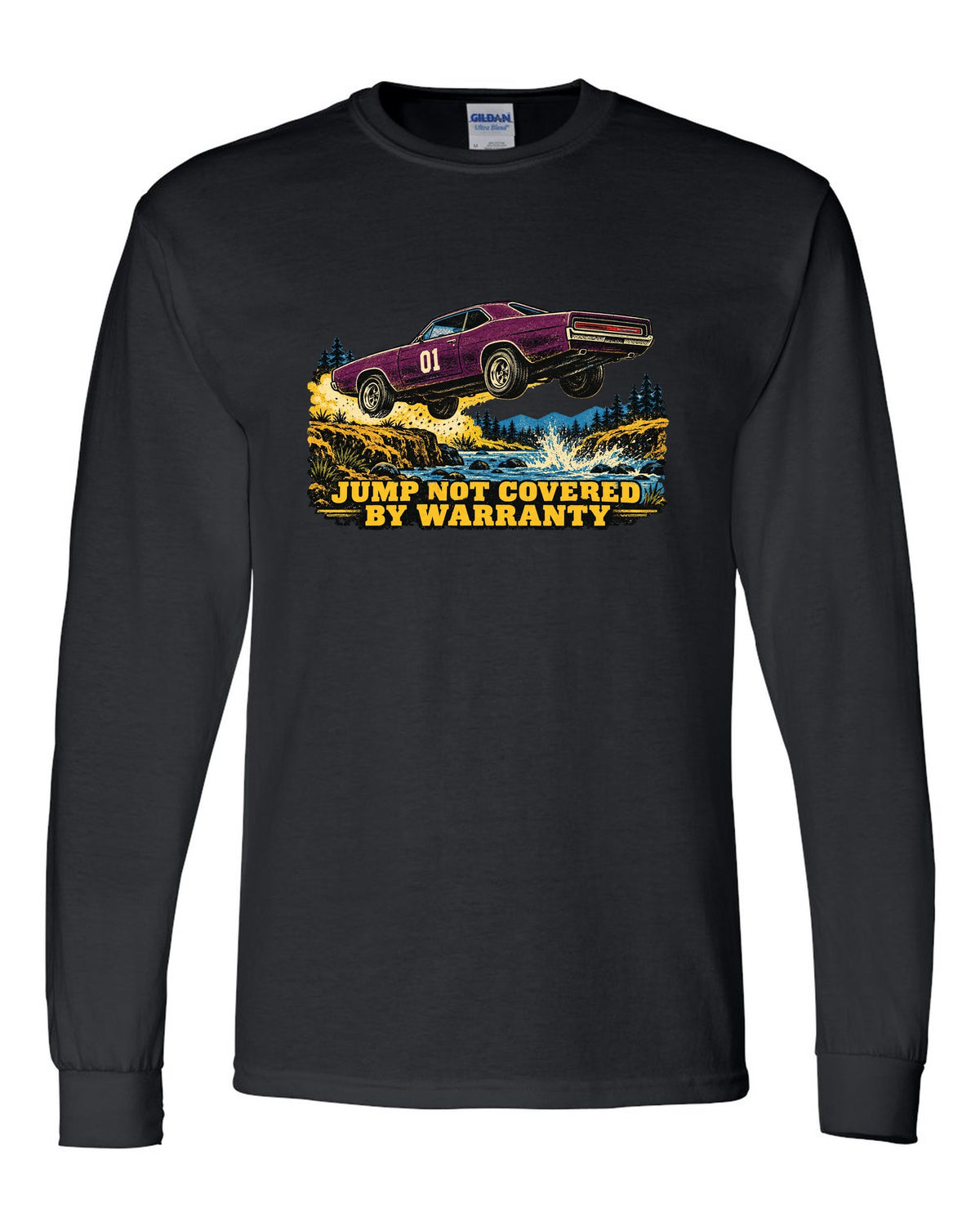 Vintage screen print of an orange 1969 Dodge Charger B-body mid-jump with number 01 on the doors black long sleeve front view with the design