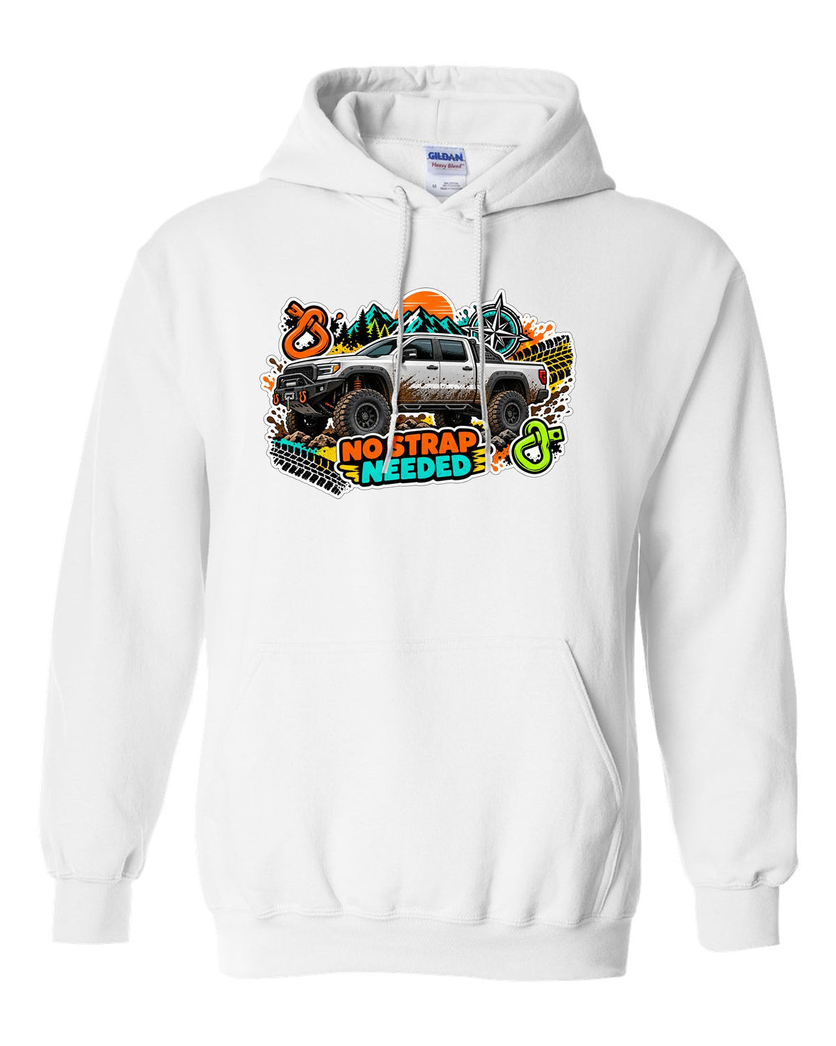 Sticker bomb collage print of a Ram Power Wagon 2500 4x4 with No Strap Needed text white pull over hoodie front view with the design