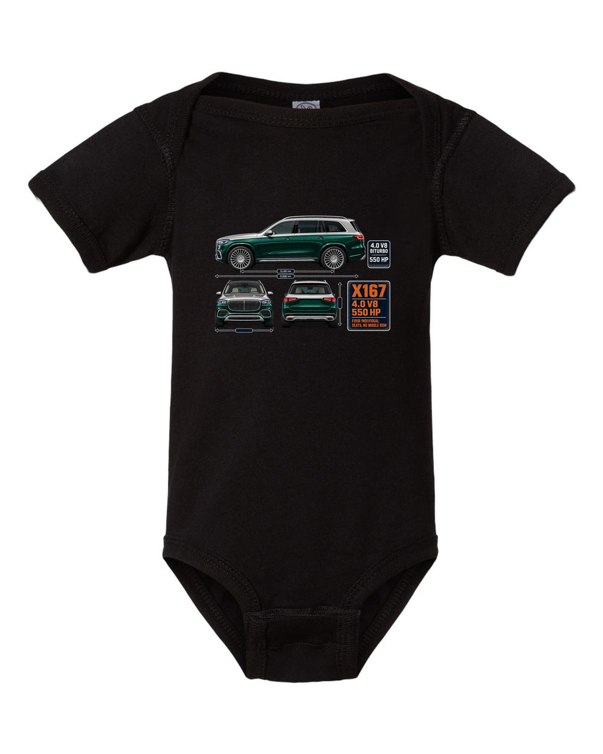 Mercedes-Maybach GLS 600 X167 three-view spec print in obsidian green and silver black baby onesie front view with the design