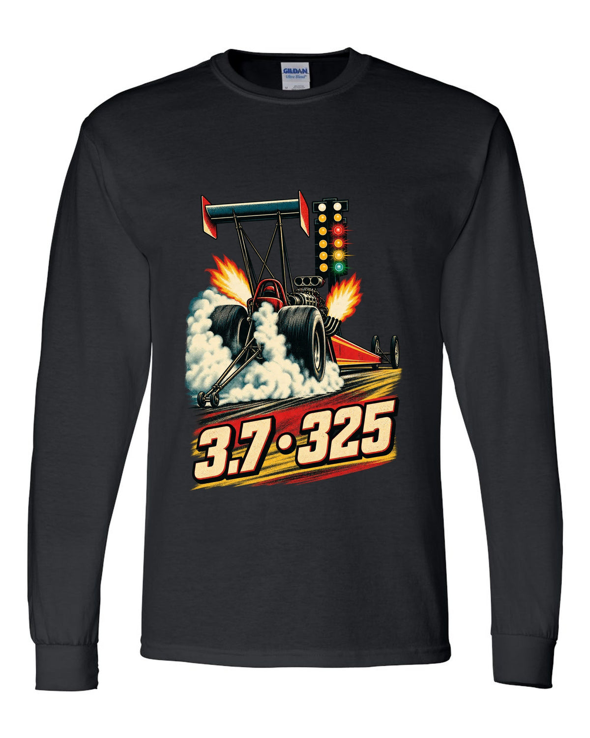 Retro poster style Top Fuel dragster doing a burnout with halftone smoke and 3.7 325 lettering black long sleeve front view with the design